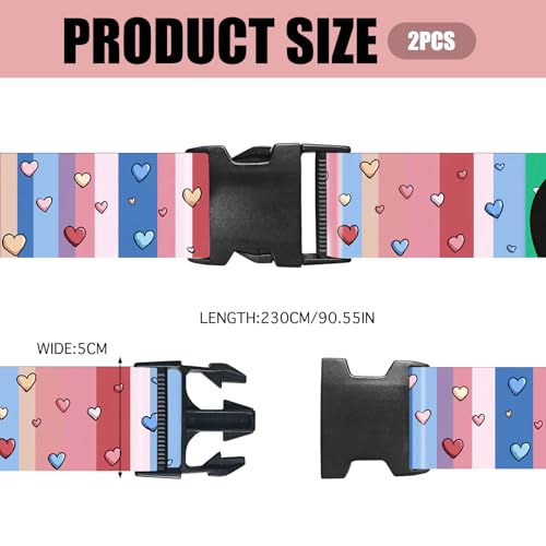 Image of Nuxovilar Luggage Straps Set for Suitcase 1.96x71in Polyester | Cargo Strap Travel Belt Security Buckle Band Romantic Trip Holiday Journey Airport (Hearts on Stripes)