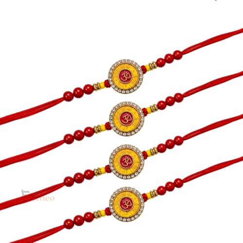 Image of EITHEO Traditional OM Rakhi for Brother, Stone Studded Raksha Bandhan Thread, Handmade Designer Rakhi, Adjustable Sacred Fit with Roli Chawal, Chandan & Mishri (Pack of 4)