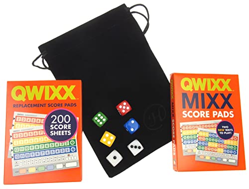 Qwixx Replacement Bundle - 6 Replacement Dice For Qwixx Game, 1 Replacement Score Pads Box, 1 Qwixx Mixx Score Pads Box & A Hickoryville Velour Storage Bag #TOP11