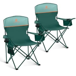 LET’S CAMP Camping Chair 2 Pack Folding Chair with 3-Can Cooler Bag Portable Lawn Chair with Cup Holder,Storage Pocket, Supports 225LBS, Collapsible Chair for Camp, Beach, Picnic (Green)