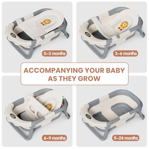 TPN 4-in-1 Grow-with-Me Collapsible Baby Bathtub, Baby Tub for Newborns to Toddler with Soft Floating Cushion & Thermometer, Portable Baby Bath Tub, Infant Bathtub for Bath Support in Tub,Grey
