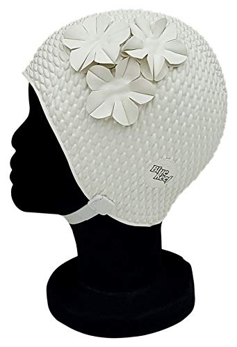 Blue Reef Oslo Bubble Cuffia da nuoto da donna con motivo floreale, classico, retrò, 3 fiori, tono su tono, petalo 3D, elegante, vintage, taglia unica, per adulti, con cinturino regolabile (bianco)