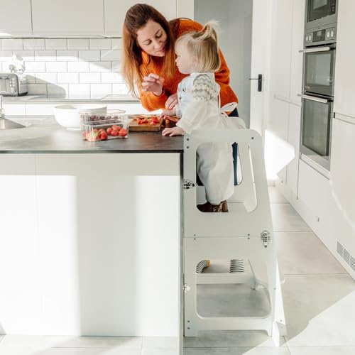 Convertible 2-in-1 Kids Kitchen Stool & Table/Chair, 1-6 Years Wooden Standing Tower with Safety Feet, Montessori Kitchen Step Stool, (White)