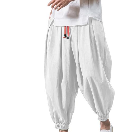Mens Cotton Linen Pants Drawstring Baggy Harem Pants Elastic Waist Wide Leg Trousers Summer Breathable Yoga Trousers