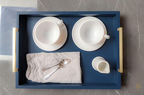 Montecito Home Decorative Coffee Table Tray - Ottoman Tray - Breakfast, Drinks, Liquor Serving Platter - from Farmhouse to Modern - Matte Finish - Champagne Gold Handles - Twilight Blue - Thumbnail 7