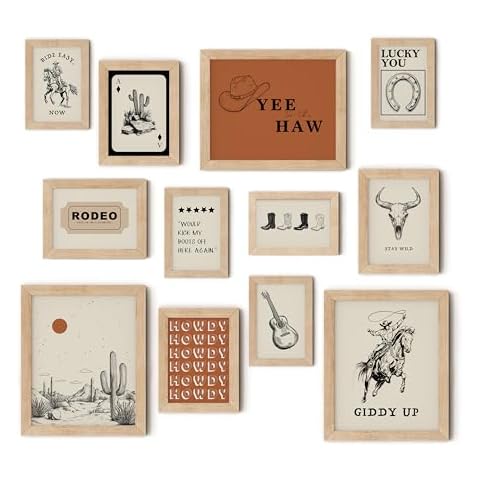 TwoDays Western Wall Decor, Retro Southwest Wall Art, Wild West Cowboy Rodeo Posters, Vintage Country Howdy Prints for Home Living Room Bedroom (Multi Sizes, 8" X 10" Largest, Set of 12, Wooden Framed) Cover