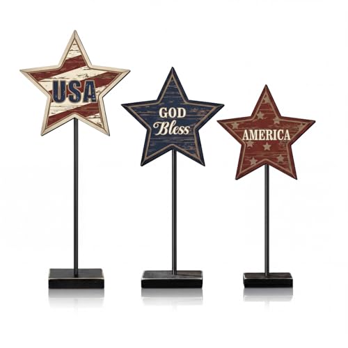 DoubleFill 3 Pcs 4th of July Decorations Patriotic Wooden Star Sign Vintage USA Red Blue White America Table Centerpiece Standing 250th Anniversary Independence Day Decoration for Home Indoor Office by DoubleFill - Used condition - US$8.99