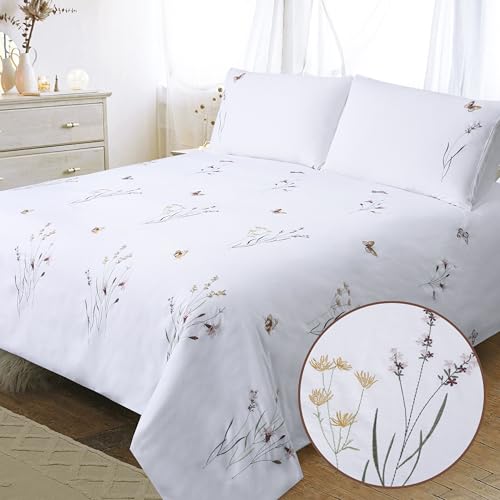 YINFUNG White Duvet Cover Double Bed Cotton Duvet Cover Sets Butterfly Floral Bedding Embroidered Flower Quilt Cover with 2 Pillowcases (White, Double 200x200 cm)