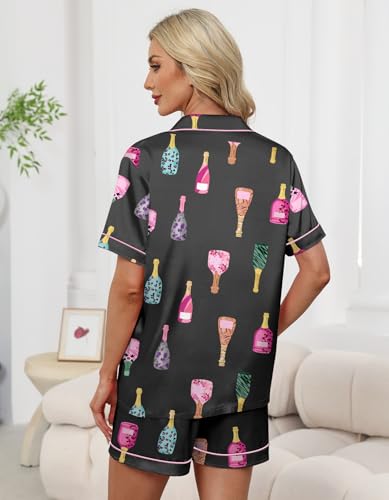 Image of Schbbbta Women Pajamas Set, 2 Pieces Satin Silk Button Down Pjs Short Sleeve Outfits Loungewear