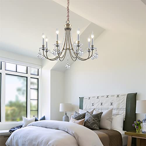 Kaluxry Farmhouse Crystal Chandeliers,Bronze Antique Crystals Chandelier Light Fixture, Iron Rustic Ceiling Hanging 8 Light Pendant Lights For Dining Room Bedroom Kitchen Island #TOP3
