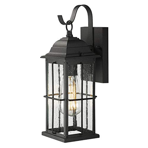 Cheapest 🛒 Zeyu 1-Light Outdoor Wall Sconce Lantern, 14 inch Exterior Light Fixtures Wall Mount in Black Finish with Seeded Glass Shade, 20071B1