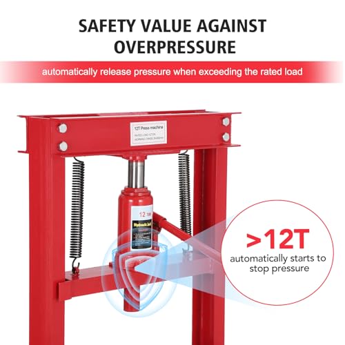 Image of 12 T Hydraulic Shop Press, H-Frame Heavy Duty Garage Floor Shop Press Tool with Plates, Adjustable Working Table Height to Bend, Straighten, Or Press Parts, Red