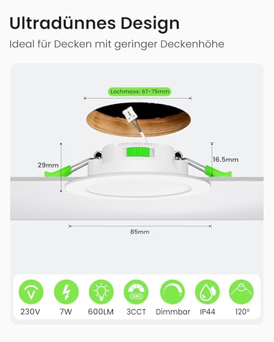 ALUSSO LED Einbaustrahler 230V Dimmbar 68mm 7W Ultra Flach IP44 LED Spots Warmweiß Neutralweiß Kaltweiß Deckenspots für Badezimmer Küche Wohnzimmer, Weiss, 6er Set