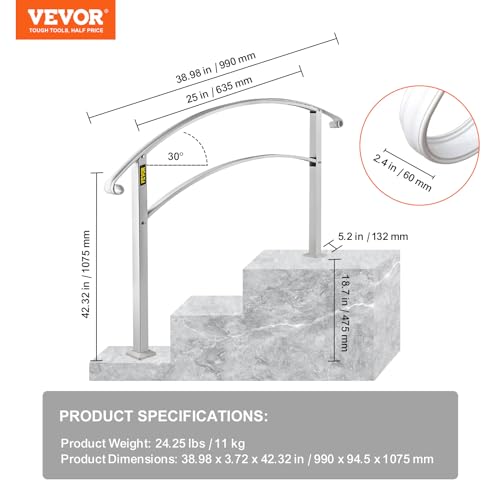VEVOR Handrails for Outdoor Steps, Fit 1 or 3 Steps Outdoor Stair Railing, White Wrought Iron Handrail, Flexible Front Porch Hand Rail, Transitional Handrails for Concrete Steps or Wooden Stairs by VEVOR - Image 8