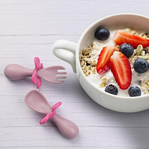 Vicloon Baby Fork and Spoon, Infant Self Baby Spoon Fork Self Feeding Utensil Set, Baby Cutlery Feeding Set Toddler Utensils Spoons Forks for Kids Self FeedingPink Flowers