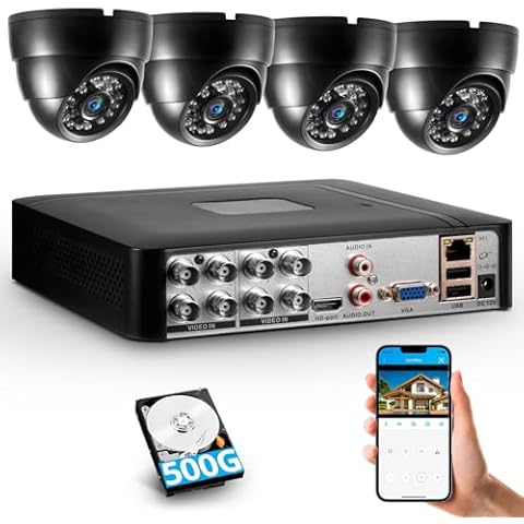Fuers Wired Security Camera System,H.265+ 8CH Surveillance DVR with 500G Hard Drive and 4 x 1920p CCTV Analog Dome Camera, with face Capture and face Retrieval, Email Alert,Mobile APP & PC Remote Cover