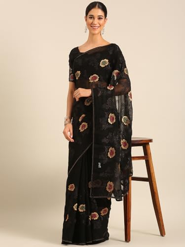 Image of Panzora Women's Chiffon Embroiderd Saree With Blouse Piece