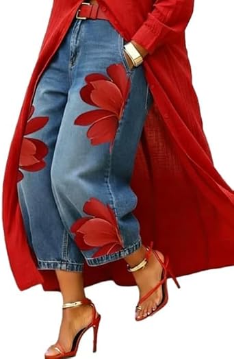 Womens Floral Print High Waist Loose Wide Leg Cropped Faux Denim Jeans with Pockets Casual Printed Pants