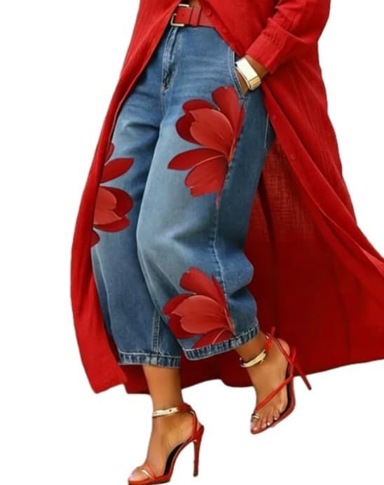 QPDJAPD Womens Floral Print High Waist Loose Wide Leg Cropped Faux Denim Jeans with Pockets Casual Printed Pants Red