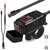 OFFEREE バイクUSB電源 防水 【進級 QC3.0＋QC3.0 IP67防水レベル】 オートバイ専用 USB スマホ 充電 電圧計 usbポート 2口 SAE DC 12V-24V ヒューズ 電源スイッチ 多重保護 耐震耐熱 モーターサイクル スクーター 自転車 取り付け簡単 雨 洗車OK 日本語説明書(レッド)