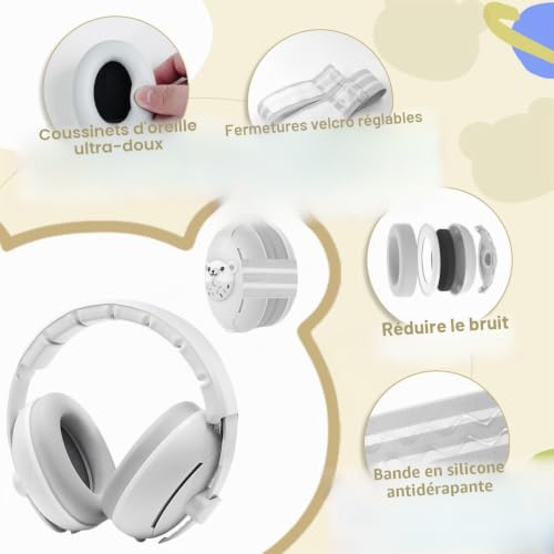 Robofun Casque Anti Bruit Bébé, 2 en 1 Casque Anti Bruit Pour Bébés et Tout-Petits Jusqu'à 48 Mois, Protection Auditive, Réglable, Amélioration du Sommeil, Avion, pour la Vie&les Fêtes - Blanc – vue 4