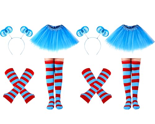 Silicherry 8 Pcs Women Blue Red Striped Costume Set Outfit Accessories Tutu Skirt Long Knee High Sock Striped Glove Headband(Lake Blue, Medium)