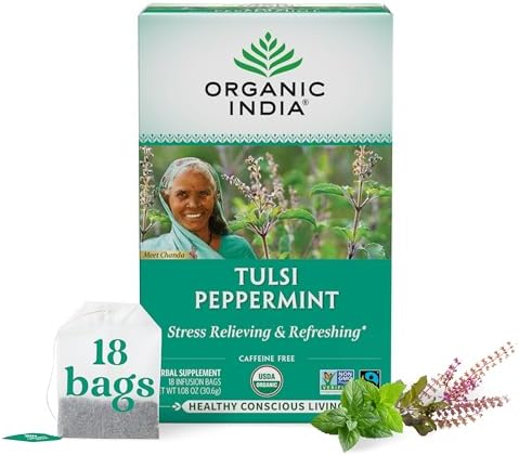 ORGANIC INDIA Tulsi Peppermint Herbal Tea, Vegan, 18 Infusion Bags, 1 Pack
