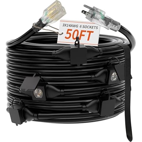 PlugSaf 50 FT Outdoor Extension Cord with Multiple Outlets, 14/3 Gauge Heavy Duty Extension Cord Evenly Spaced 6 Outlets Plugs Black with Lighted Waterproof, 15AMP 1875W 125V 14AWG SJTW,ETL Listed. Cover