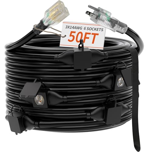 PlugSaf 50 Ft Outdoor 6 Outlet Extension