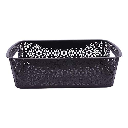 Image of Cutting Edge Essentials Plastic Storage Baskets /Shelf /Turkish Rack with Lid - Set of 2 for Fruit Vegetable Bathroom Stationary Home Basket with Handle (Black, Medium)