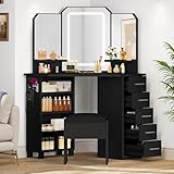 YITAHOME Corner Vanity Desk Set with Tri-Fold Mirror and Adjustable Light Strips, Makeup Table with Stool, 5 Drawers, 3 Light Settings, and Open Shelves for Bedroom, Women, and Girls