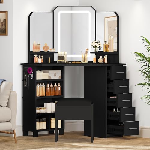 YITAHOME Makeup Vanity with Lights - Vanity Desk with Power Outlet, 3 Color Lighting Options, Corner Vanity with 4 Storage Drawers and Stool for Women Girls, Black Black Modern