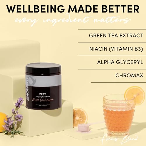 Image of Tranont Zest Energizing Focus Blend | Roasted Peach Lemonade Energy Powder | Gluten-Free, Sugar-Free with Green Tea L-Theanine, Vitamins & Antioxidants for Energy, Focus, and Health | 15 Sticks