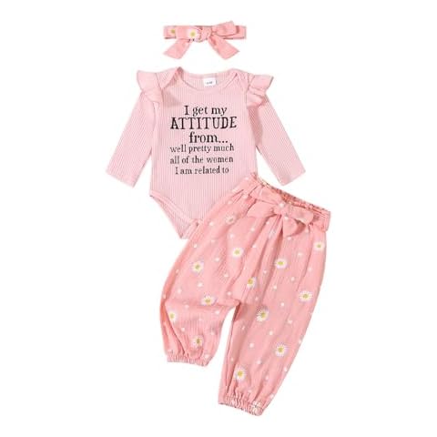 Tsnbre Newborn Infant Girl Outfits Ribbed Knit Romper Daisy Print Pants Headband Baby Clothes for Girls 0 3 6 12 18 Months (Pink, 0-3 Months) Cover
