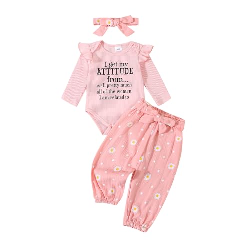 Tsnbre Newborn Baby Girl Clothes Letter Daisy Rib Knit Romper Pants Headband Fall Winter Outfits 3 6 12 18 Months (Pink, 12-18 Months)
