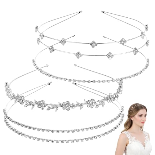 Andibro Lot de 4 serre-têtes en métal argenté avec strass pour mariée - Couronne de fleurs et...