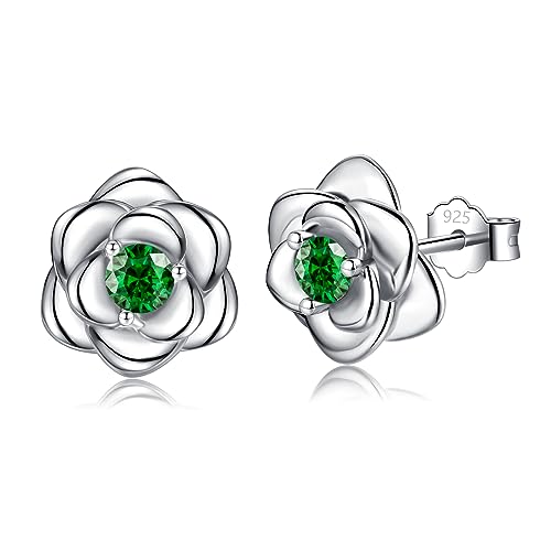 Image of Sterling Silver Stud Earrings for Women, Silver Flower Green Cubic Zirconia Hypoallergenic Helix Cartilage Earrings Jewelry Gifts for Girls