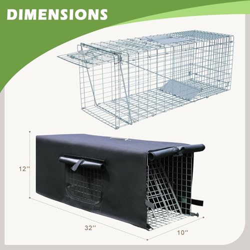 Live Anmials Trap Cage with Cover, Cover with Mesh Window for 1-2 Door, 32 Inch Heavy Duty Folding Humane Animal Trap Cage for Raccoon, Squirrel, Skunk, Catch, Opossums, Groundhogs