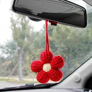 Cute Crochet Flower Car Accessories for Women Rear View Mirror Accessories Handmade Knitted Daisy Car Decor Car Accessories Aesthetic Car Mirror Hanging Accessories(Red)