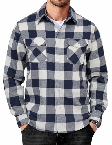 COOFANDY Mens Long Sleeve Shirts Casual Plaid Button Down Shirt Flannel Shirts Regular Fit Soft Lined Blue-White