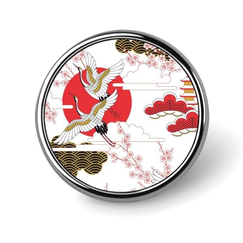 ピンバッジ ブローチ 合金製 空飛ぶ白いクレーン 和風 日本の波 ピンバッチ バッジ アクセサリー 丸型 おしゃれ 飾り物 ギフト プレゼント