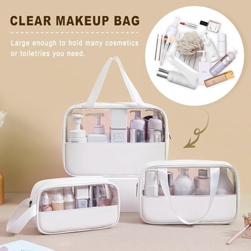 Image of KBS Toiletry Kit Cosmetic Makeup Storage Organizer Clear Styilish Wash Bag Pouch Set of 3 for Travel Luggage Transparent with Metal Zipper Gift for Men Women Girls (Cream)