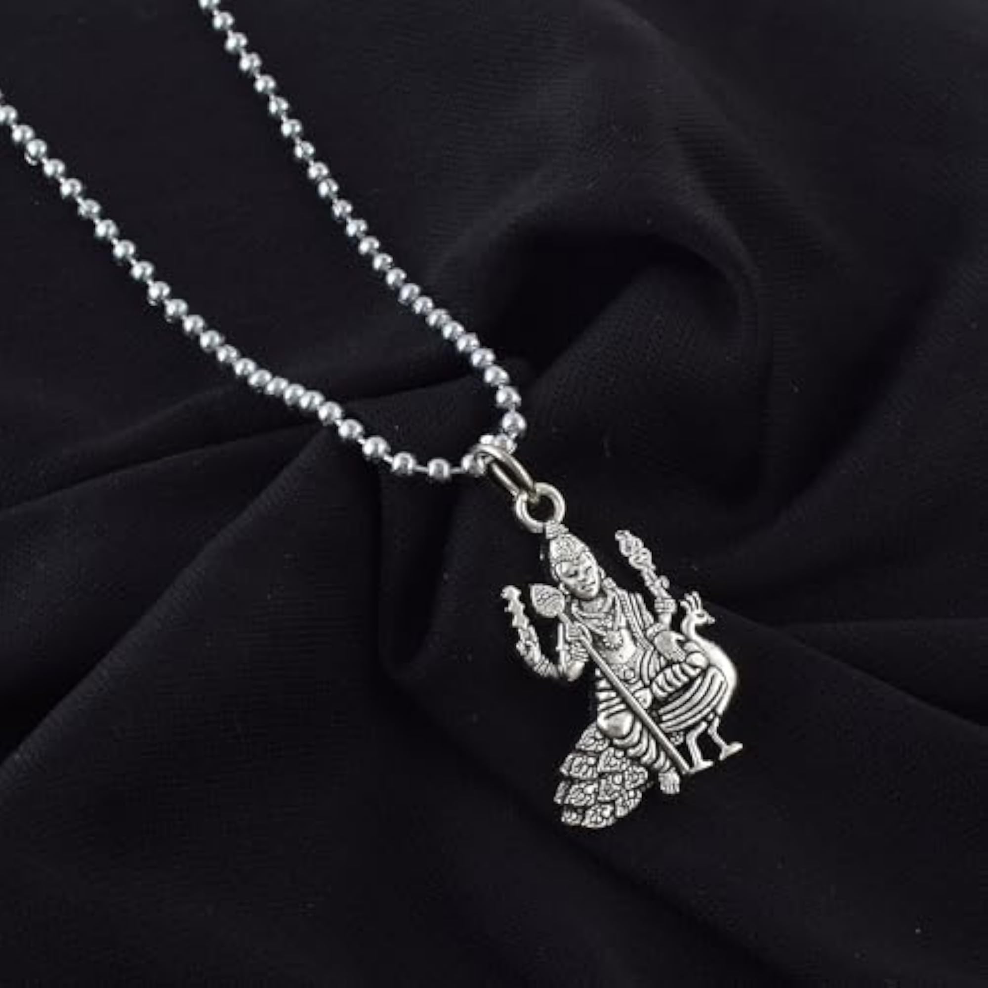 Lord Murugan Oxidised Pendant with Peacock Design