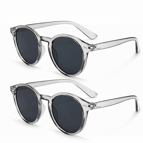 Image of DCYQAIN 2 Pair Vintage Round Polarised Sunglasses, UV400 Protection Classic Retro Full Frame Unisex Sunglasses for Men Women, Gray Lens for Daily Wear, Driving & Outdoor Use