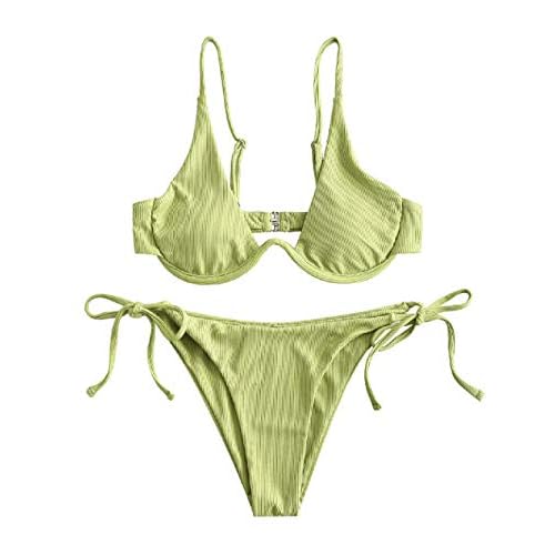 ZAFUL Damen Zweiteiliger Bügel Bikini-Set, Leopardenmuster Criss Cross Push Up High-Cut Gepolsterte Bikini Badeanzug (Grün, S)