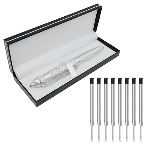 Origin-Joy Bolígrafo táctico militar de acero de tungsteno en caja de regalo, herramienta EDC de defensa personal de emergencia con 8 recambios (plateado)