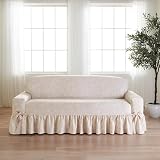 SureFit Essential Twill Ruffled Sofa Slipcovers, Sofa Cover with Cotton Printed One-Piece Design and Ruffled Skirt, Machine Washable Couch Cover, Neutral Floral