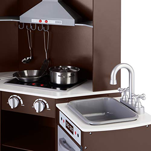 Image of Amazon Basics Kids Corner Interactive Wooden Play Kitchen Set, Stove, Oven, Sink, Fridge and Accessories for Toddlers, Preschoolers, Children Age 3+ Years, Espresso /Gray, 39.37 inchL x 28.35 inchW x 35.04 inchH