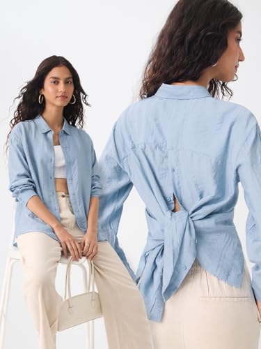 Image of The Souled Store Textured Shirt: Women and Girls Full Sleeves Spread Collar Solid Textured Viscose Nylon Relaxed Fit Lightweight Summer-Ready Casual Wear Shirts