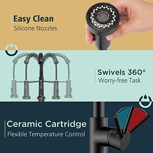 FORIOUS Kitchen Tap, Spring Kitchen Sink Mixer Tap with Pull Down Sprayer, Commercial Kitchen Faucet Single Handle Lever, High Arc Swivel 360° 2 Spray Mode with UK Standard Fittings, Black